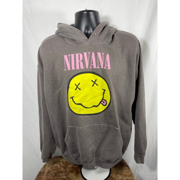 Nirvana Smiley Face Hoodie Gray Pink Logo Size L - Picture 1 of 6